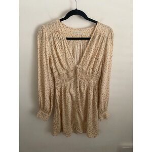 Urban Outfitters Cream Peach Dot Smocked Empire‎ Waist Mini Dress Womens Medium